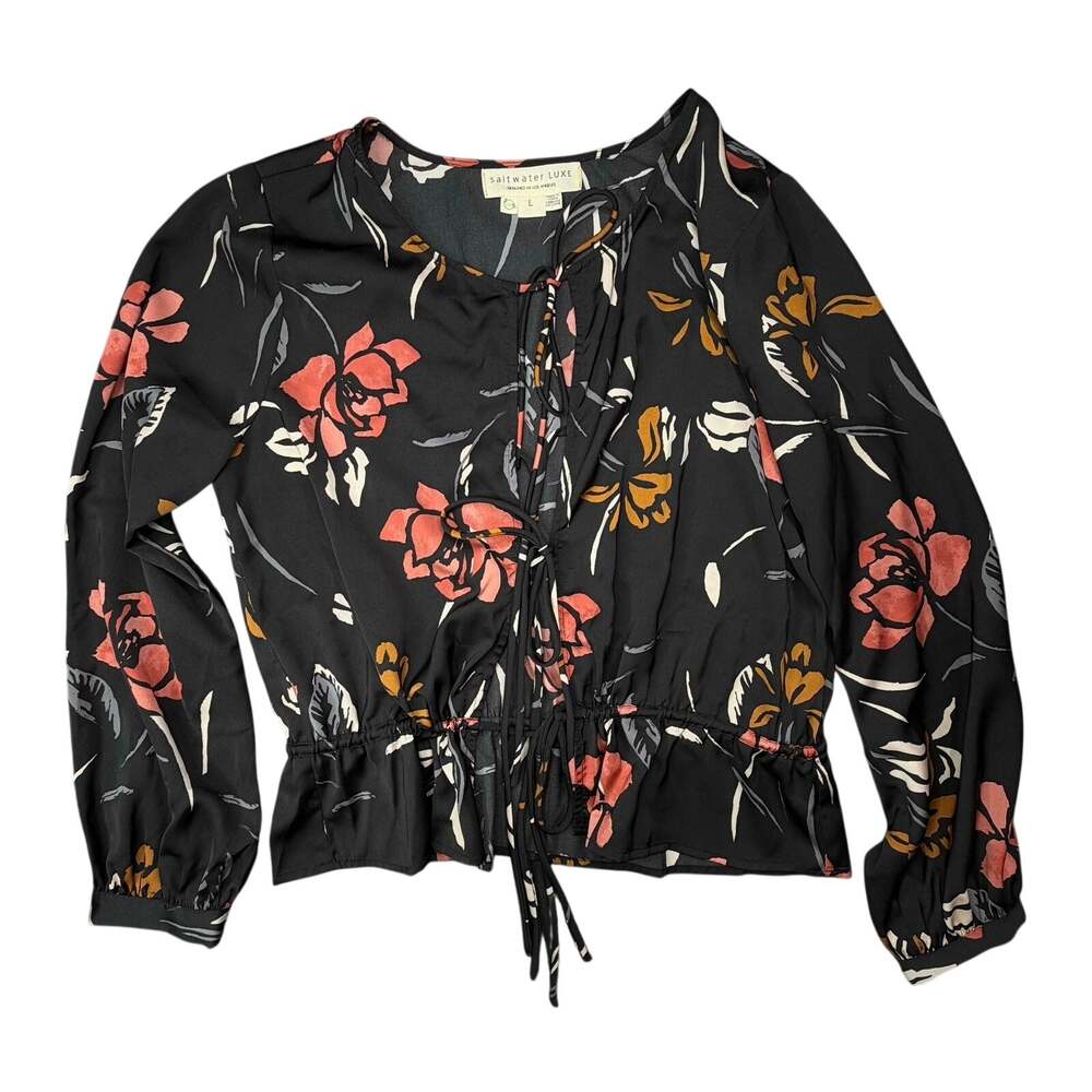 Saltwater LUXE Black Orange Floral Top Blouse Size L NWOT Boho Long Sleeve
